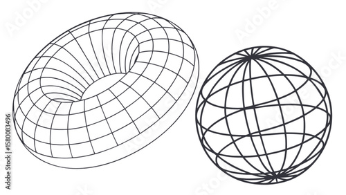 Torus and sphere wireframe illustration mathematical shapes geometric design 3d rendering visualization model art