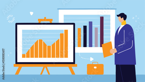 Man presenting business data on a chart with bar graphs and a briefcase in a light blue background