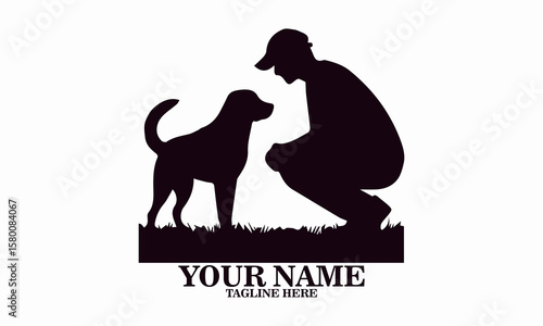 vector illustration silhouette of a person receiving a smile  from a dog and logo design