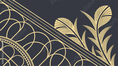 Elegant art deco background with gold geometric patterns and feather design for luxury aesthetics