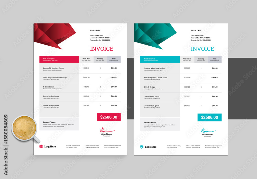 Paste Invoices Invoice Layout with Red and Paste Accents Stock Template | Adobe Stock