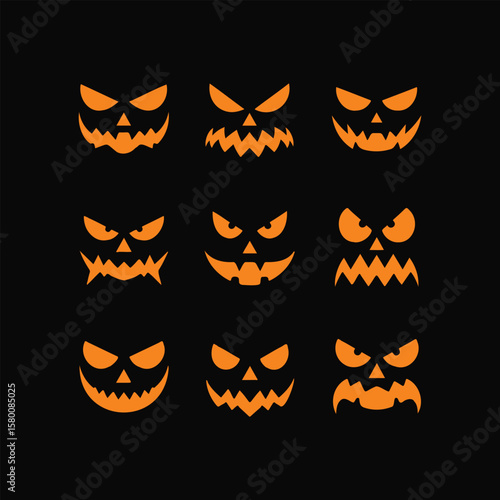 Halloween Jack o lantern scary faces, Set, Nine Glowing Evil Expressions, Spooky Vector Graphics