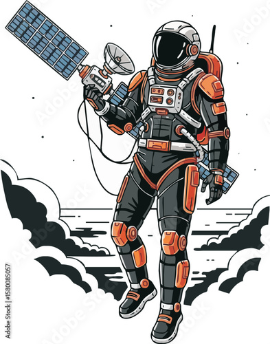 Astronaut in space suit holding satellite, retro style illustration.