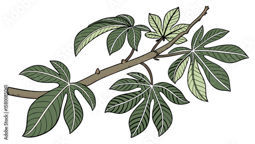Botanical illustration of castor bean plant branch with green leaves vector graphic design art asset