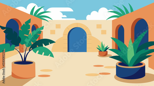 Tropical summer paradise balcony with palm trees and a blue sky overlooking the ocean