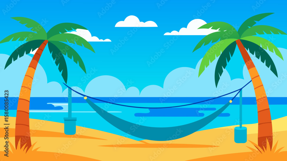 Naklejka premium Tropical island paradise with palm trees on a sandy beach, clear ocean water, and a sunny sky, perfect for a summer vacation