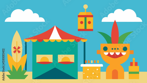 A whimsical cartoon circus tent vector illustration with a festive design, resembling a vibrant building against a sunny landscape