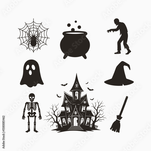 Halloween silhouette icons Master Collection, including a haunted house cauldron ghost skeleton zombie and witch broom, Vector Illustration.