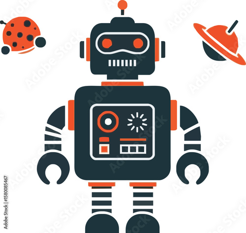 A cartoon illustration of a classic toy robot with a planet and a space ladybug on a white background.