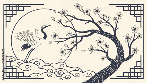 Crane bird cherry blossom tree japanese art illustration oriental design vector drawing background image