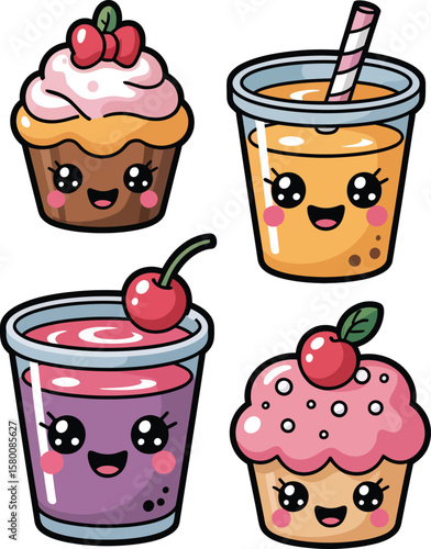 Cute kawaii food characters featuring cupcakes and drinks with happy faces