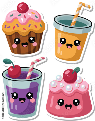 Cute kawaii desserts and drinks with happy faces and cherry toppings