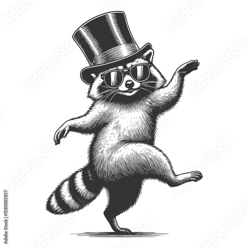 cheerful raccoon dancing with a tall top hat, full of charm and playfulness sketch engraving generative ai vector illustration. Scratch board imitation. Black and white image.