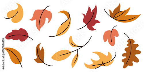 Collection of colorful falling leaves, seasonal autumn illustration