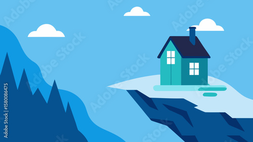 Cartoon illustration of a cozy cottage nestled on a snowy winter hill, surrounded by nature under a vast sky with fluffy clouds