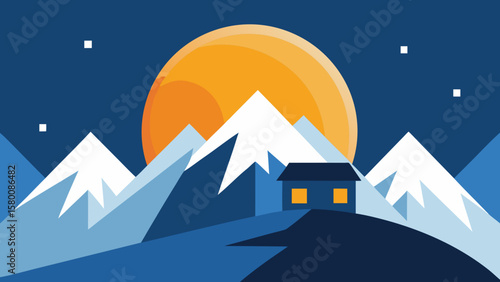 A magical winter night sky illuminates a whimsical cartoon village of snow-covered houses and festive Christmas trees