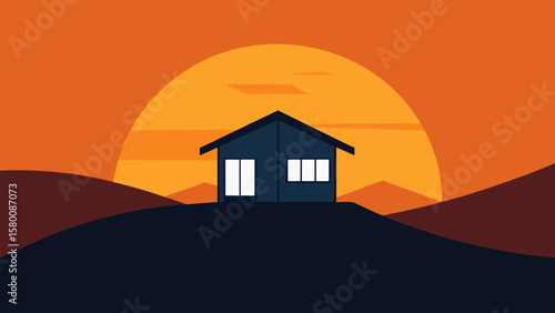 Hillside home at sunset, a serene village landscape illustration with trees and clouds