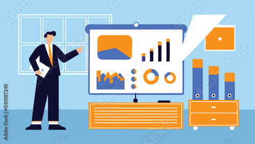 Man presenting data on a screen with charts and graphs in an office setting near filing cabinets