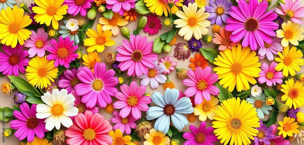 Fototapeta premium Vibrant spring flowers arranged in a dynamic vector pattern, creating a lively floral background, abstract, marketing