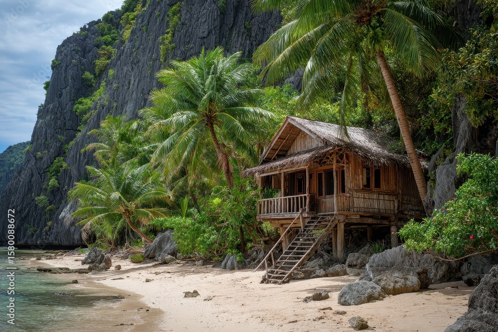 Obraz premium Beach Shack in Tropical Paradise: Palawan, Philippines Vacation House on Exotic Island Landscape