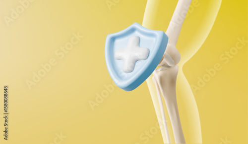 3d medical knee joint model with blue shield protection icon - anatomical leg bones femur and tibia connection on yellow bg. Healthcare orthopedic safety concept for injury prevention presentation.