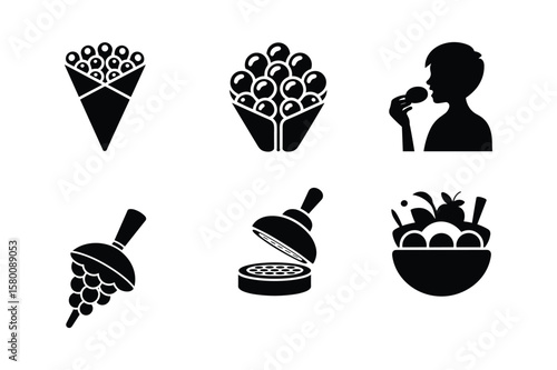 Bubble waffle cone fruit bowl person eating grapes waffle maker vector