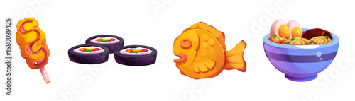 Korean food cartoon collection - golden corndog with sauce, black kimbap rolls filled with vegetables, orange taiyaki fish pastry and bowl of ramen noodles with egg for cute restaurant menu icons.