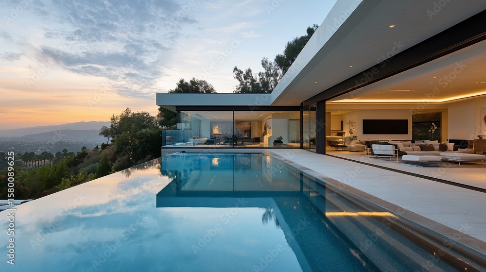 Fototapeta premium Luxury residence with infinity pool reflecting golden hour hues
