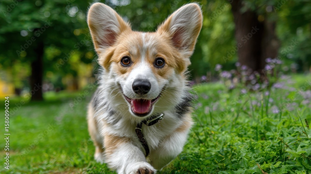 Cardigan Welsh Corgi Running in Summer Park with a Cute Smile Cardigan Welsh Corgi Running in Summer Park with a Cute Smile