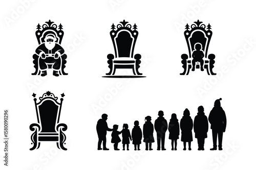 Santa Claus sitting on ornate throne with children waiting in line vector
