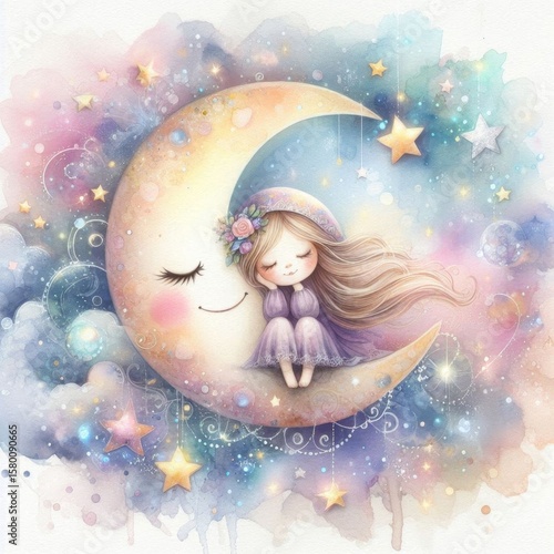 A Young Girl Sleeping on a Crescent Moon Surrounded by Stars and Whimsical Colors
