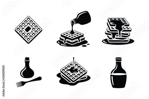 Waffle stack syrup pouring fork bottle vector