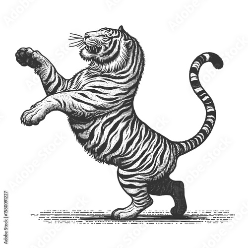 Dancing Tiger sketch engraving generative ai fictional character vector illustration. Scratch board imitation. Black and white image.