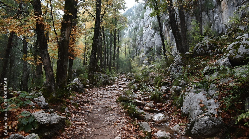 Fototapeta premium Peaceful mountain trail covered in golden autumn leaves and rugged rocks, capturing tranquil seasonal nature scenery perfect for outdoor adventure and hiking themes.
