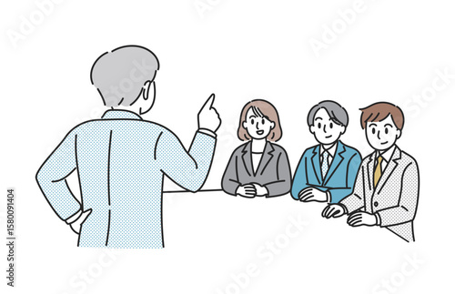 会議で説明を受ける若手ビジネスチームのイラスト