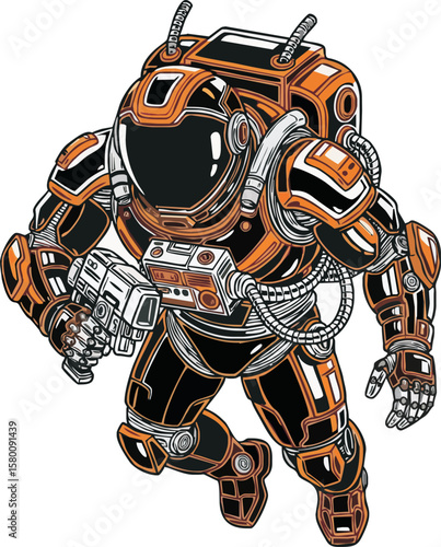 Astronaut in orange and black spacesuit with blaster.
