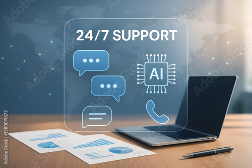 Ai powered 24/7 customer support service illustrated on a laptop display with chat bubble icons representing immediate communication