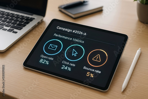Analyzing email marketing campaign metrics on a tablet displaying open rate click rate and bounce rate performance data on a wooden desk workspace