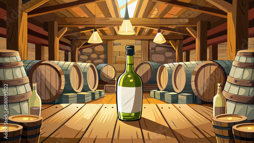 A bottle of white wine is sitting on a wooden barrel in a room filled with barrels. The room has a rustic, old-world feel to it, and the wine bottle seems to be the centerpiece of the scene