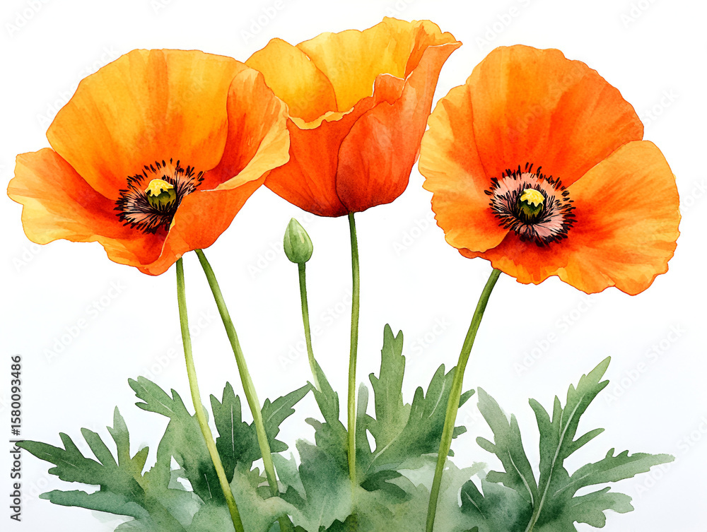 Obraz premium A beautiful watercolor painting of three vibrant orange poppy flowers with green leaves on a white background.