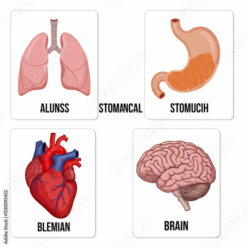 Simple illustrations of the human lungs, stomach, heart, and brain.