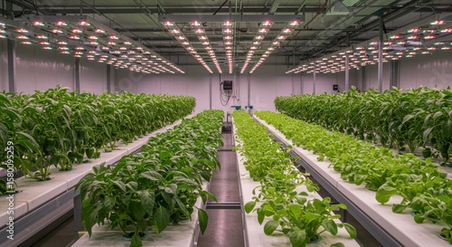 Indoor Hydroponic Farm with LED Lights and Fresh Green Vegetables Growing Under Controlled Conditions