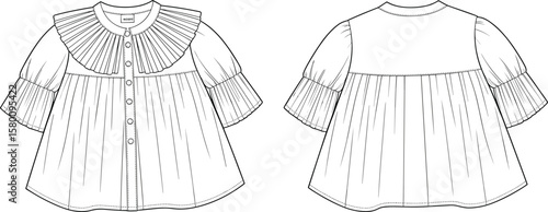 Women's Pleated Ruffle Collar Blouse Design, Babydoll Style Top, Bell Sleeves, Feminine Casual Apparel, Stylish Fashion Vector Template
