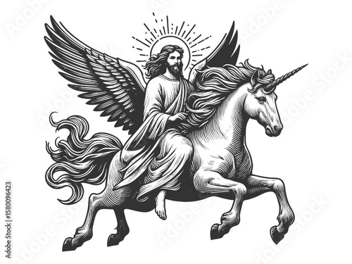Jesus Christ with radiant halo riding a majestic unicorn sketch engraving generative ai fictional character vector illustration. Scratch board imitation. Black and white image.