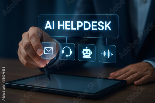 Person using a tablet to access an ai helpdesk with various customer service options, representing automated support and assistance.
