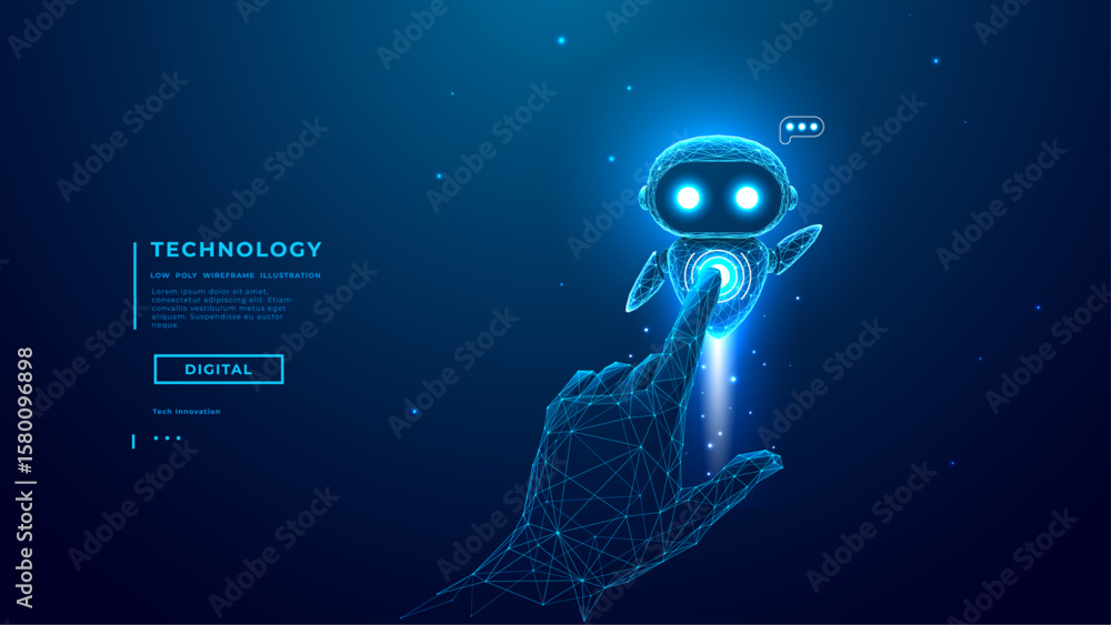 Technology Human Digital Hand Are Touching On Abstract AI Agent Mascot or Flying Cute Robot. Futuristic chatbot on Dark Blue Tech Background. Power On Innovation. Vector Illustration.