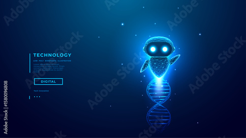 Virtual AI Agent with DNA Double Helix on Dark Blue Technology Background. Abstract Tech AI Cute Robot. Science or Medicine Innovation Concept. Artificial Intelligence bot. Digital Vector Illustration