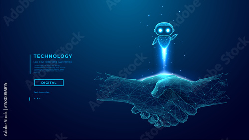 AI Robot Fly Over Digital Handshake on Technology Blue Background. Partnership Tech Concept. Abstract Digital AI Agent in Business. Vector Illustration. Finance Support.