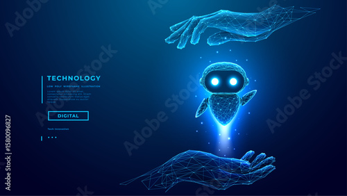 Abstract Digital AI Robot into Palms. AI Agent are Flying of a hand. Artificial Intelligence concept. Cuit Futuristic Bot on Technology Blue Background. Low Poly Wireframe Tech Vector Illustration.