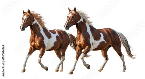 Two beautiful paint horses running together with flowing manes isolated on transparent background